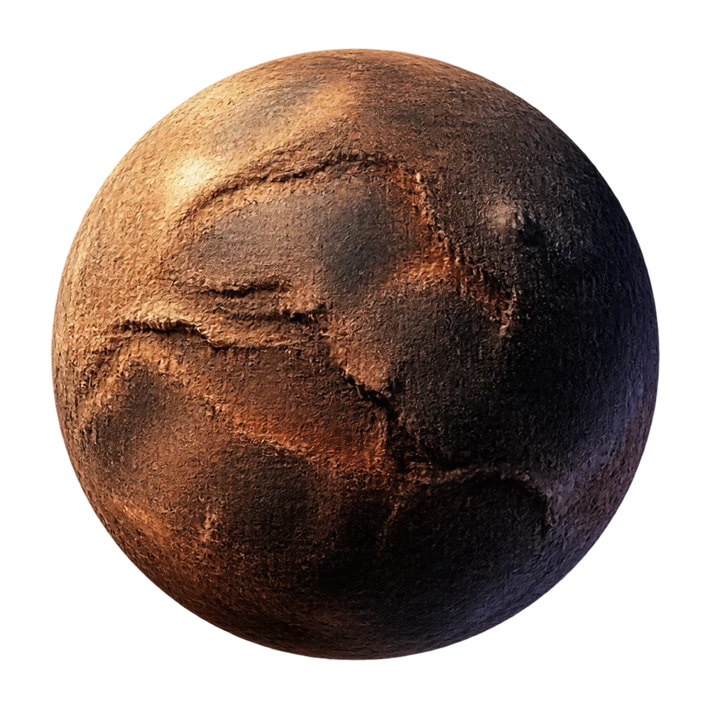 有峡谷、陨石坑与矿物纹理的铜色幻想星球